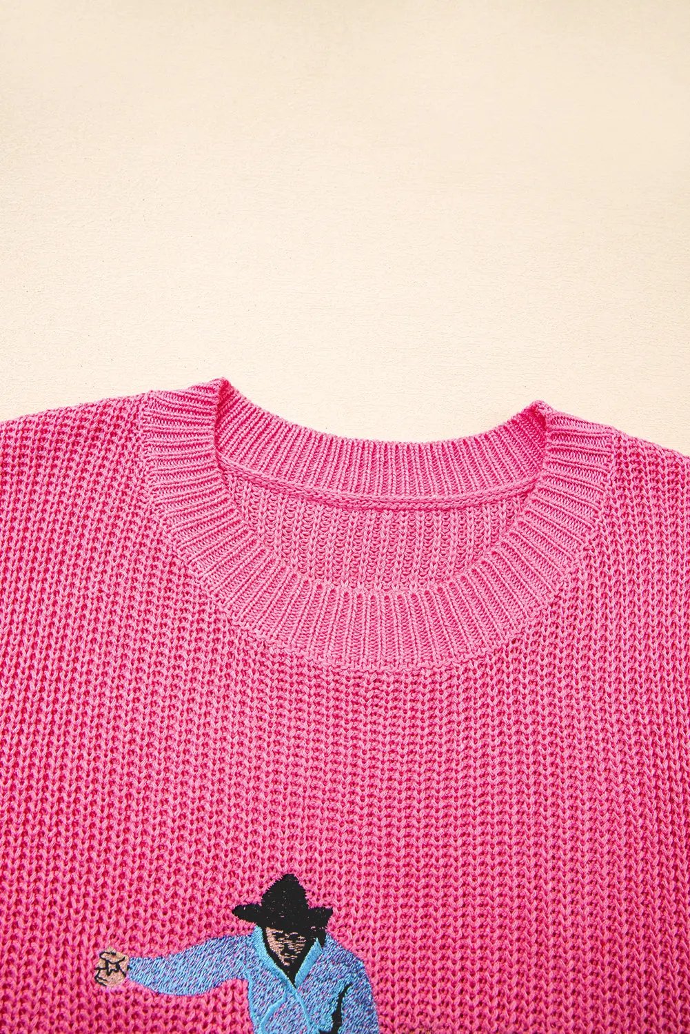 Bright Pink Western Cowboy Embroidery Sleeveless Sweater - Love Salve